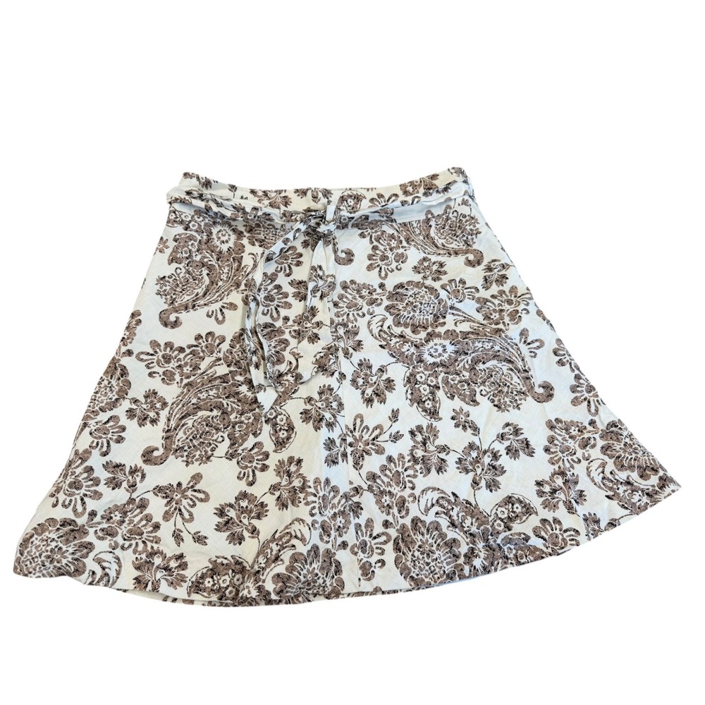 Merona Women Brown Cream Paisley Floral 100% Linen A-Line Skirt SZ 6 Belted Wrap